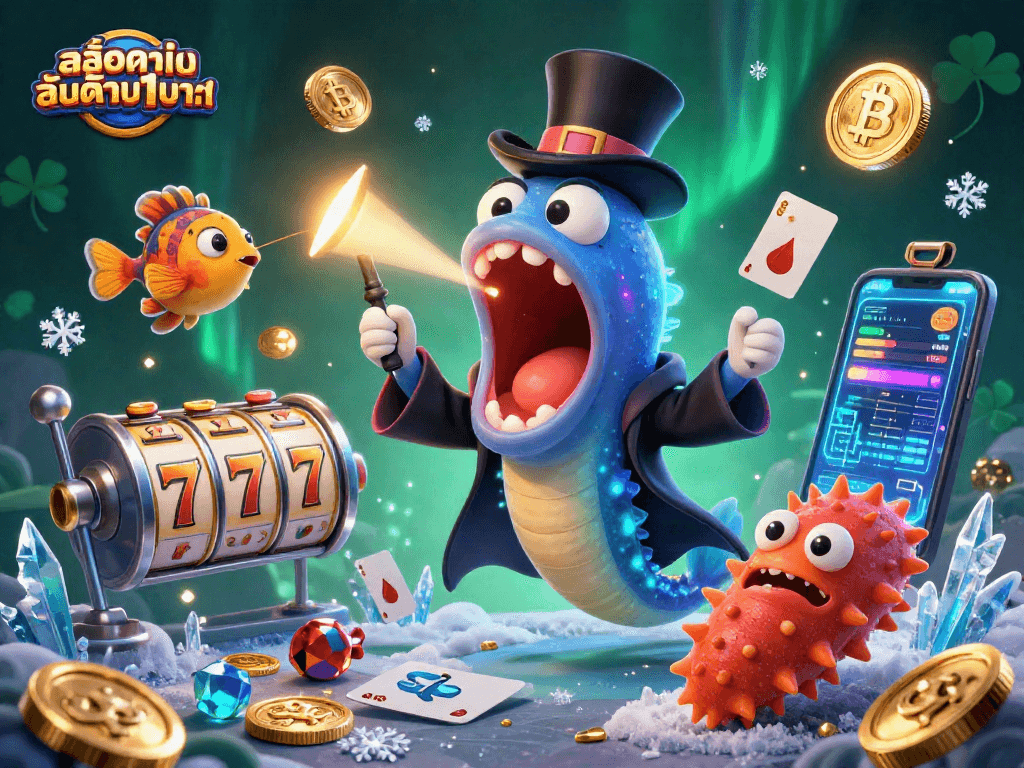 Experience สล็อตฝากขั้นต่ำ1บาท through a vivid magical scene with deep-sea creatures performing casino card tricks.