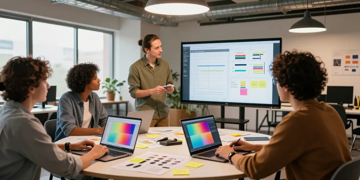 Team collaborating on a mixboard in a bright creative workspace.