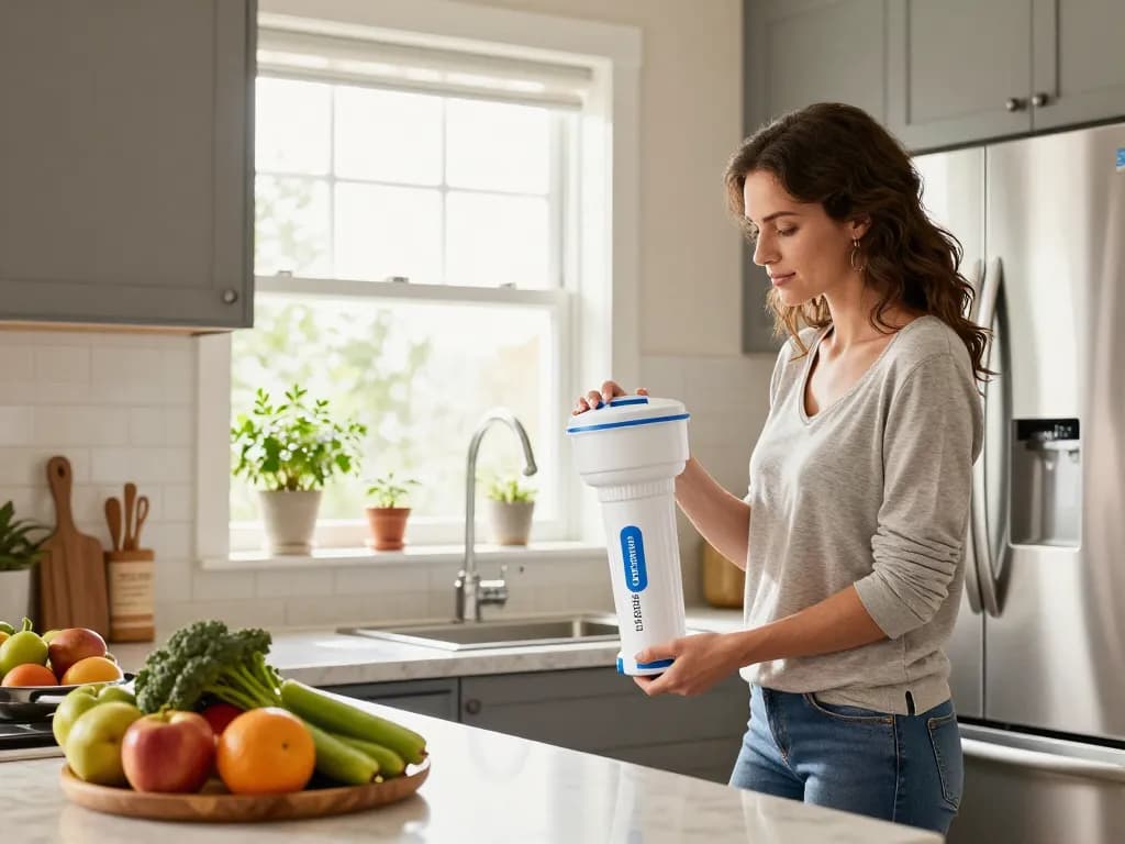 Waterdrop Replacement for GE® RPWFE® being installed in a modern kitchen with fresh produce.