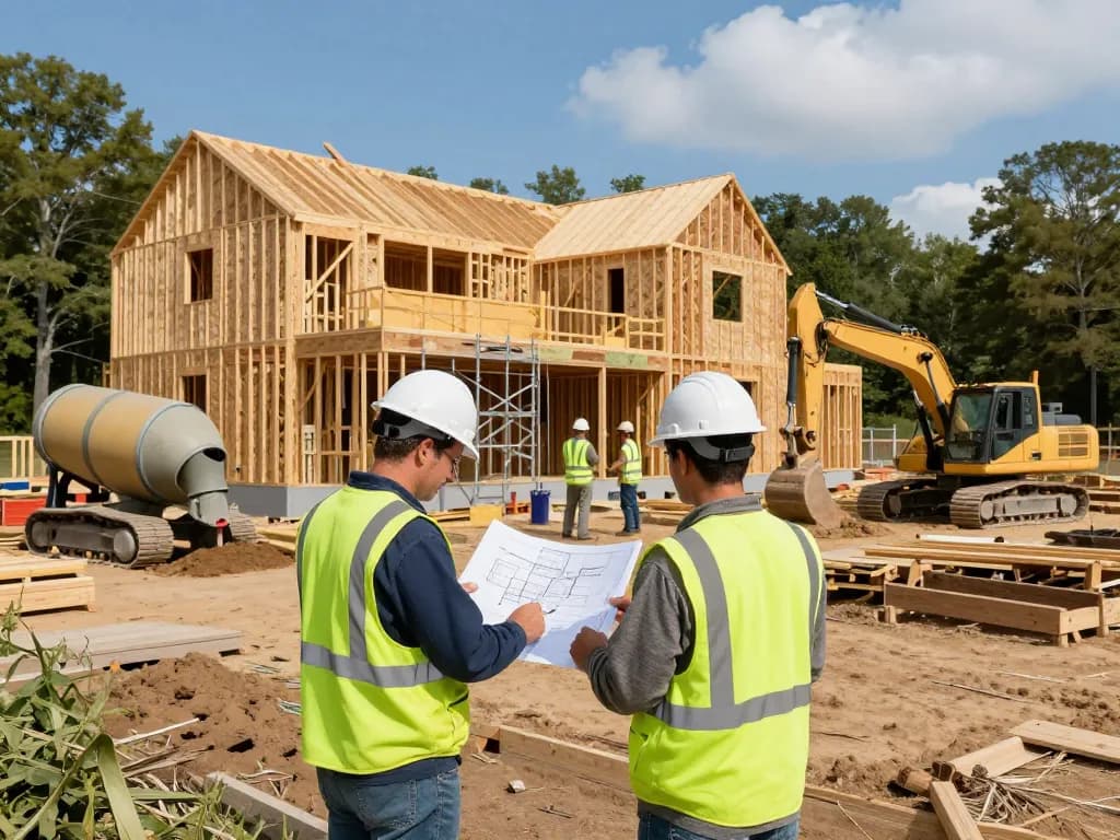 General contractor supervising a residential construction project with builders on site, highlighting teamwork and craftsmanship.