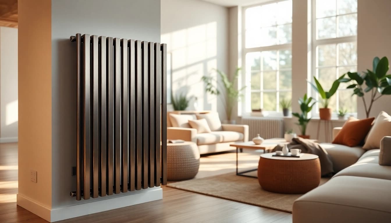 Elegante heizkörper in modernem Wohnzimmer, kombiniert mit natürlichem Licht und stilvollem Design.