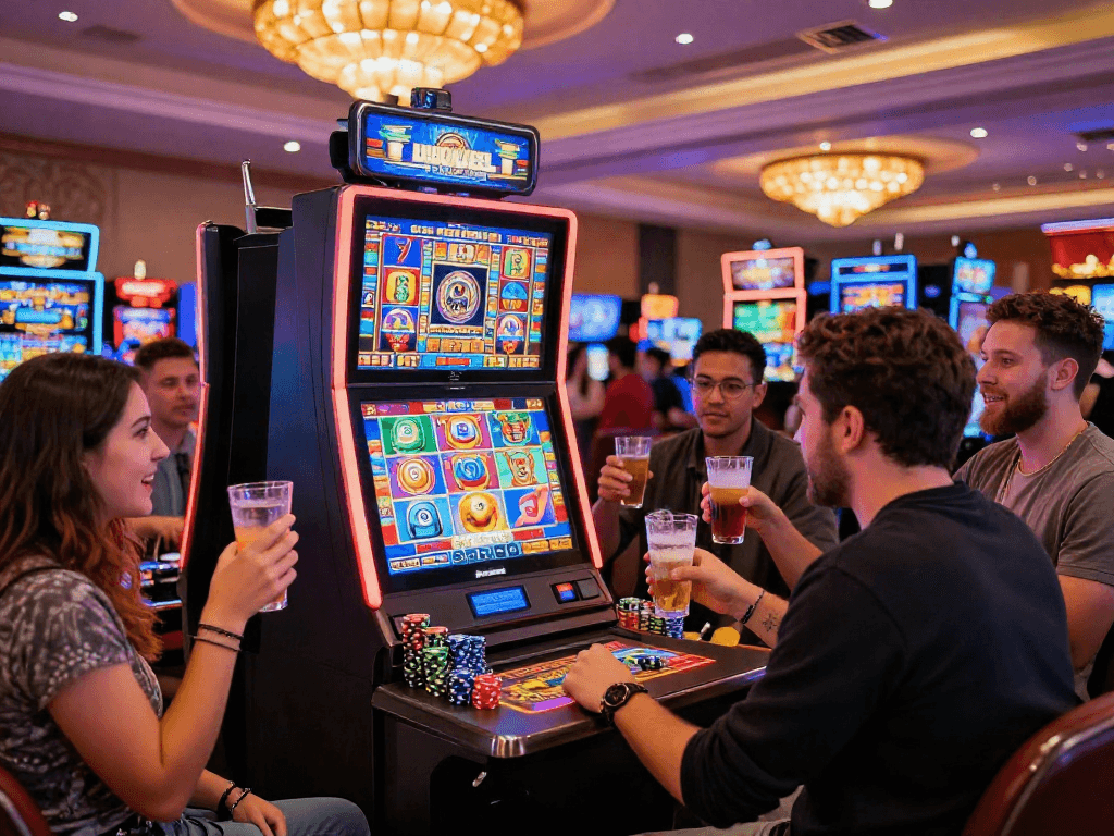 Exciting casino scene showcasing a player celebrating a slot bonus win with friends.
