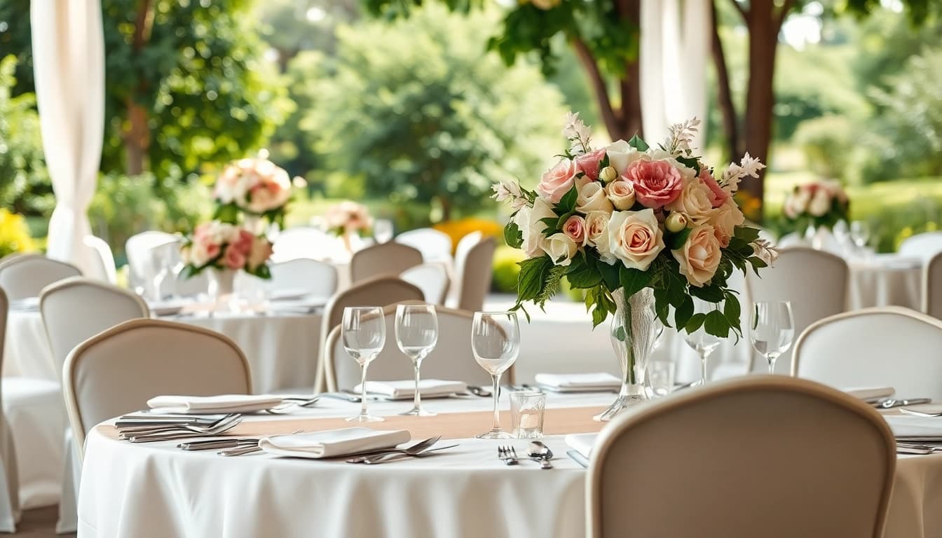 Beautiful wedding & event rentals showcase with elegant decor, floral centerpieces, and warm lighting.
