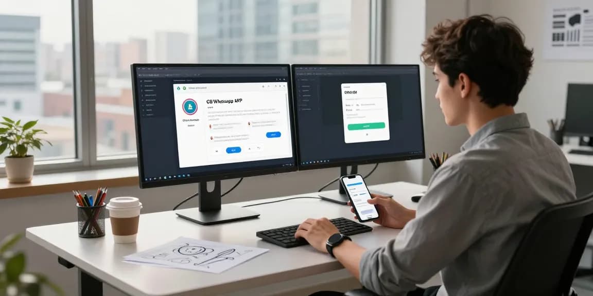 Developer coding GB WhatsApp APK on dual monitors in modern workspace.