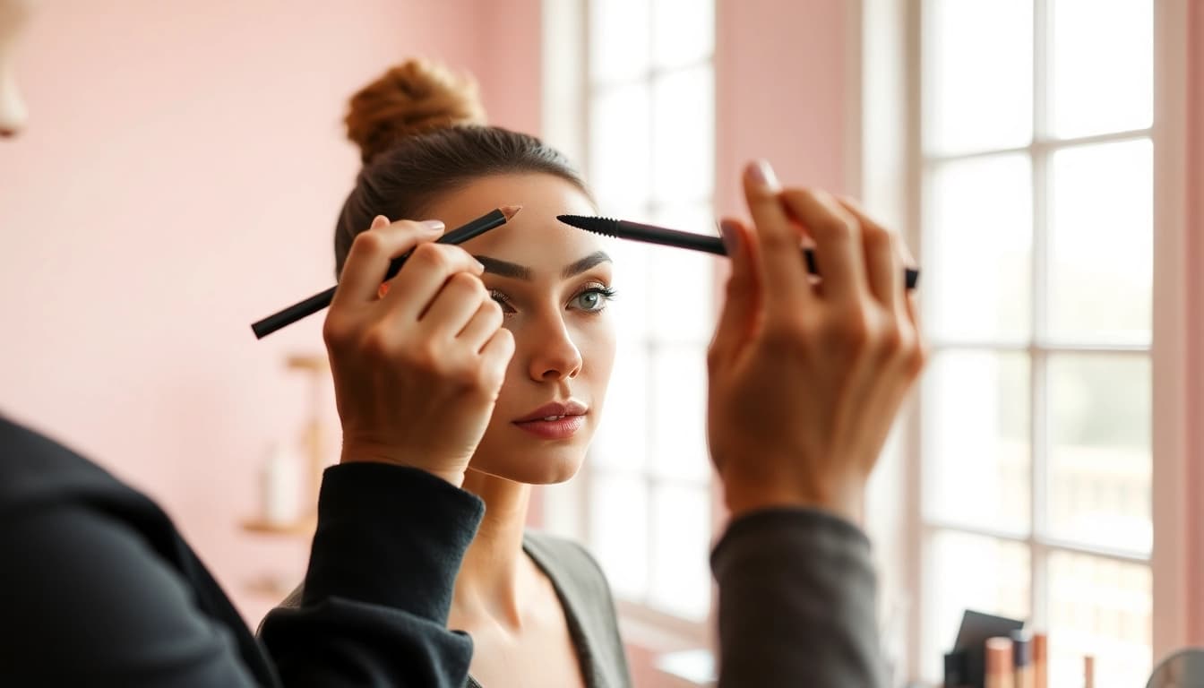 Applying skone cosmetics brow wand for perfectly defined brows in a bright studio setting.