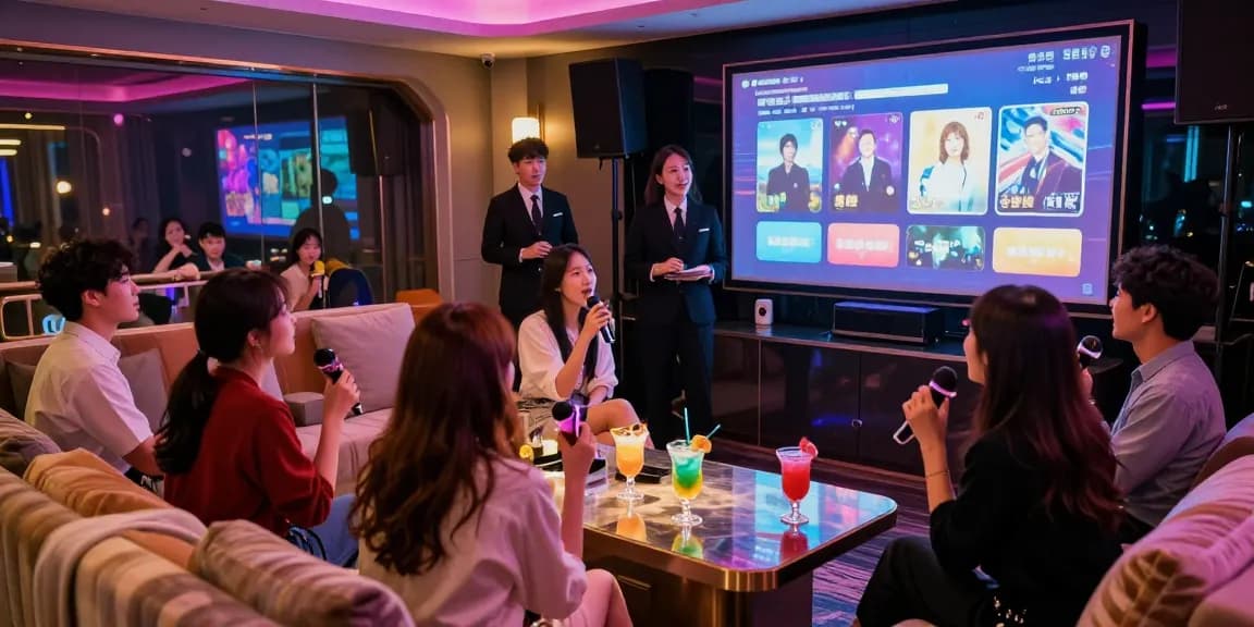 Engaging atmosphere in a luxurious 강남가라오케 room, featuring colorful lights and stylish patrons.