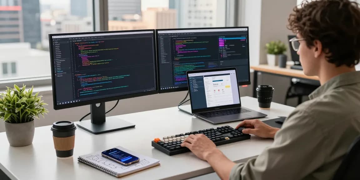 Developer working with telegram中文版下载 in a modern tech office, showcasing code and design on multiple screens.