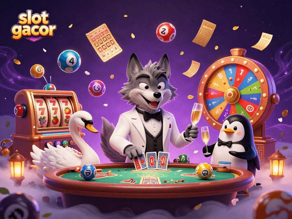 Experience captivating slot gacor action with an elegant wolf, swan, and penguin at a dynamic casino scene.