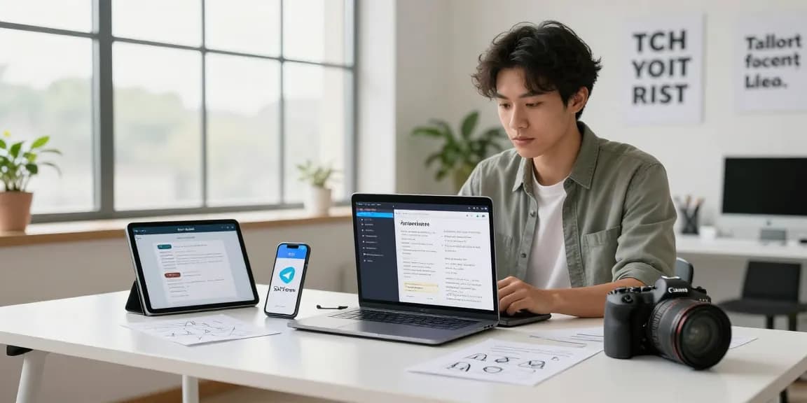 Engaging workspace with digital devices showcasing telegram中文版下载 in a modern office environment.