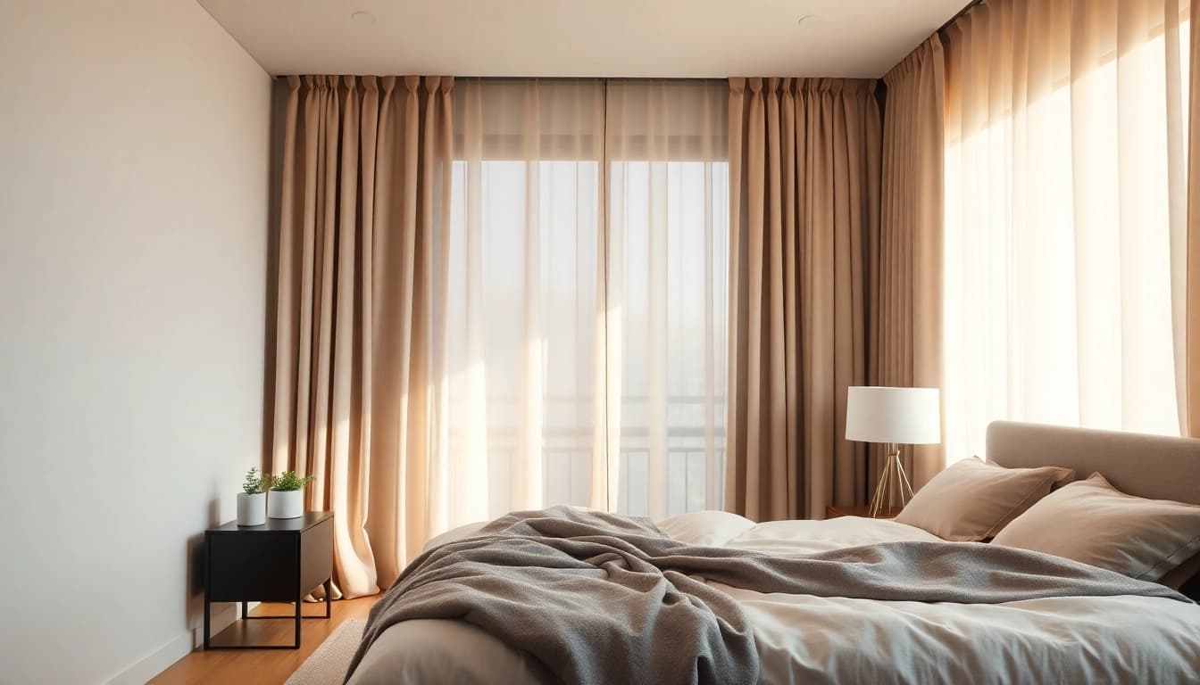 Verduisterende gordijnen in een stijlvolle slaapkamer met natuurlijke lichtinval en een warme sfeer.