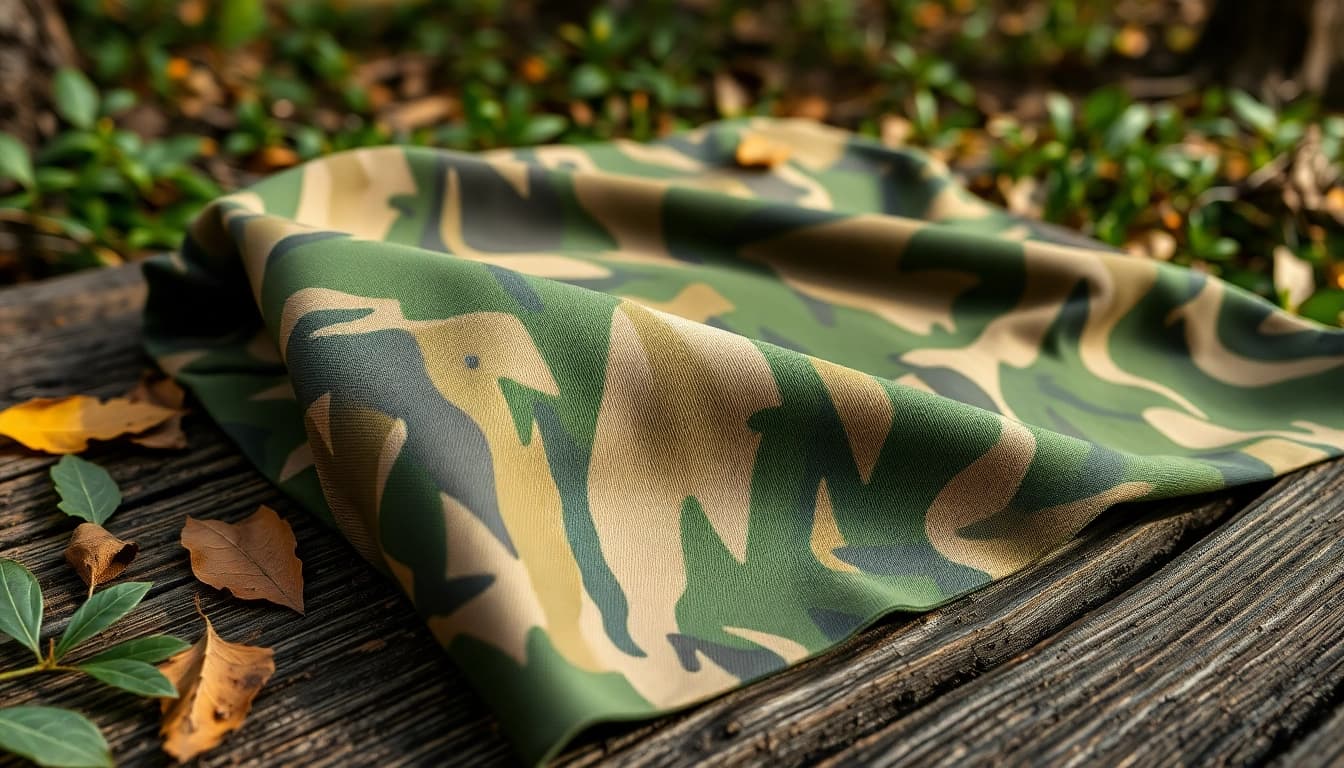 Bekijk camouflage stoffen met natuurlijke texturen op een houten tafel.