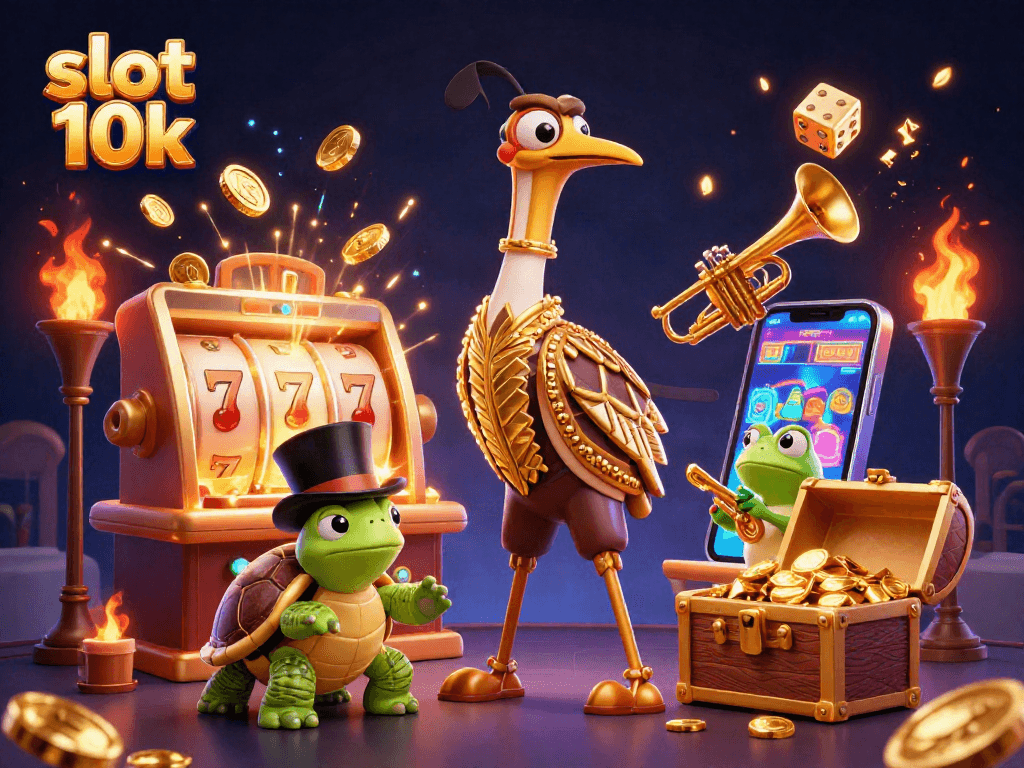 Experience the excitement of slot 10k with vibrant characters and dynamic game elements in this casino illustration.