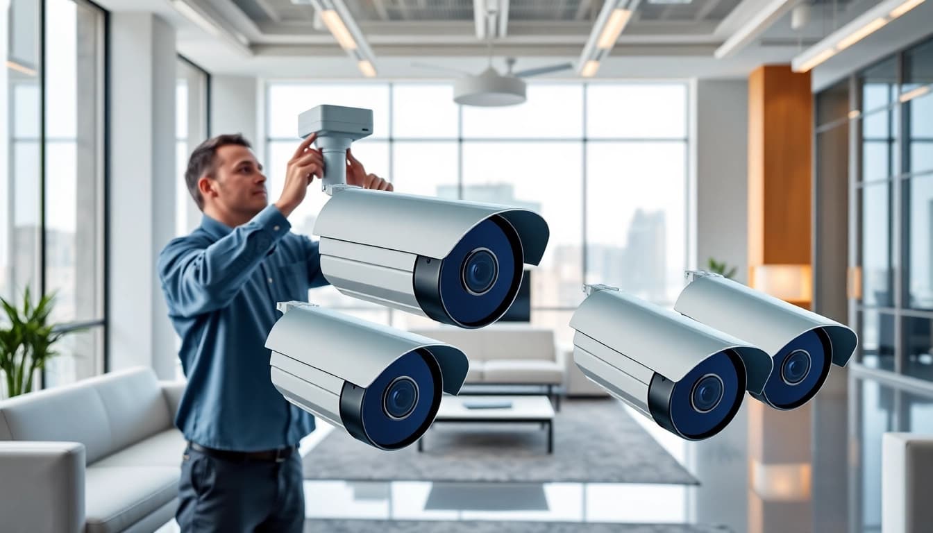 Técnico profesional instalando Cámaras Hikvision en una oficina moderna.
