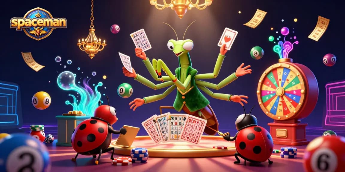 Spaceman-themed illustration showing vibrant gambling activities with cards and lottery balls.