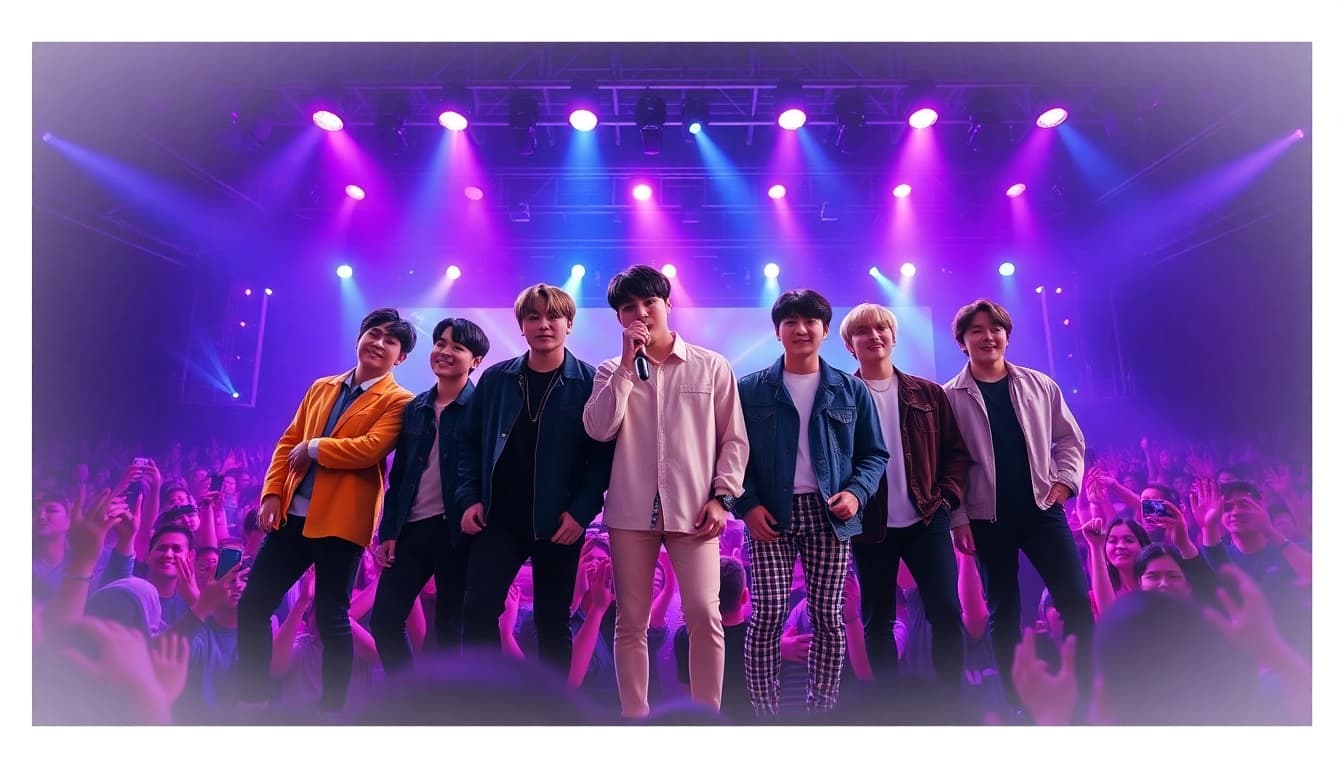 The bts members performing live in a vibrant concert scene, showcasing their dynamic energy.