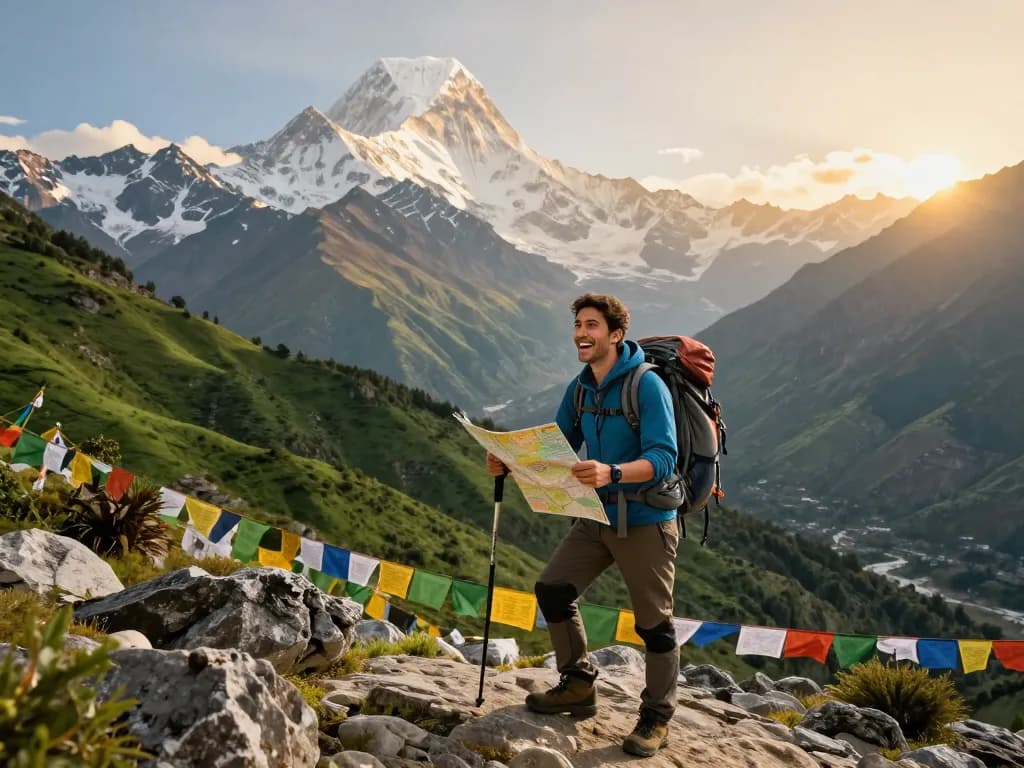 Annapurna Circuit trekking adventure with a traveler enjoying scenic mountain views and rich landscapes.