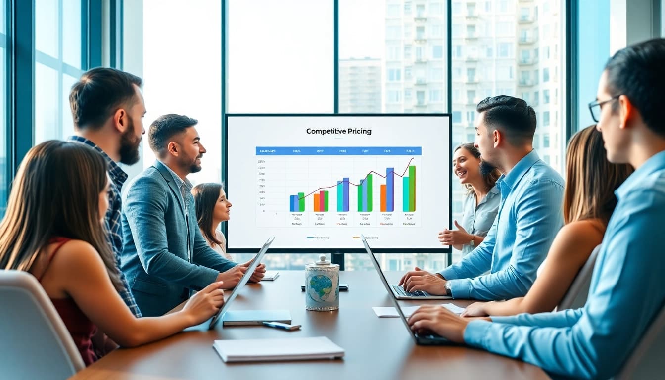 Analyzing competitor pricing strategies during a professional business meeting.