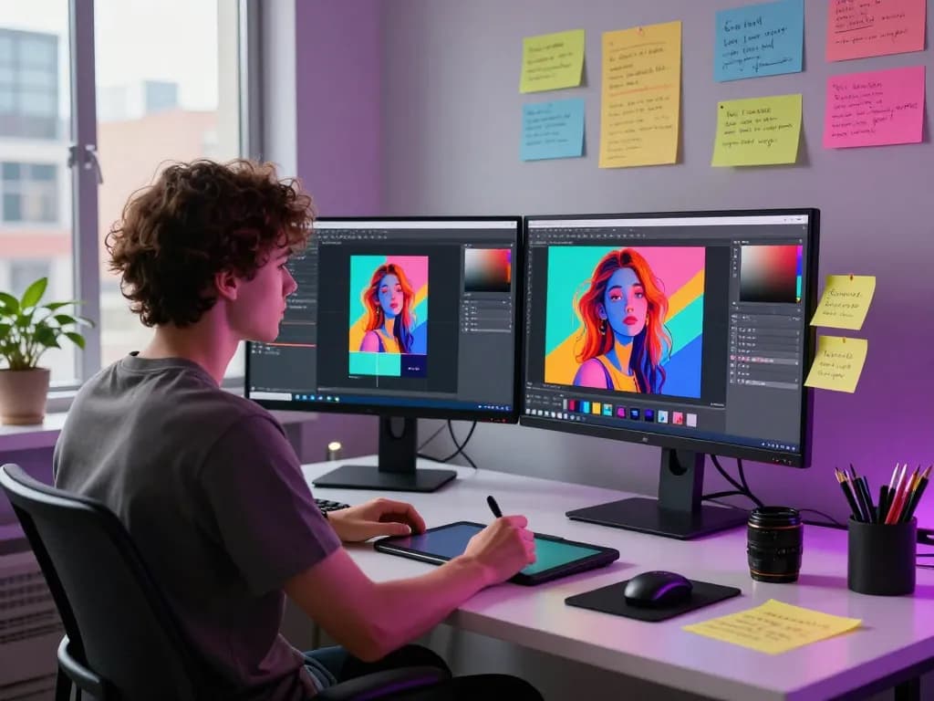 Designer using Nano Banana AI in a vibrant workspace with dual monitors displaying creative images.