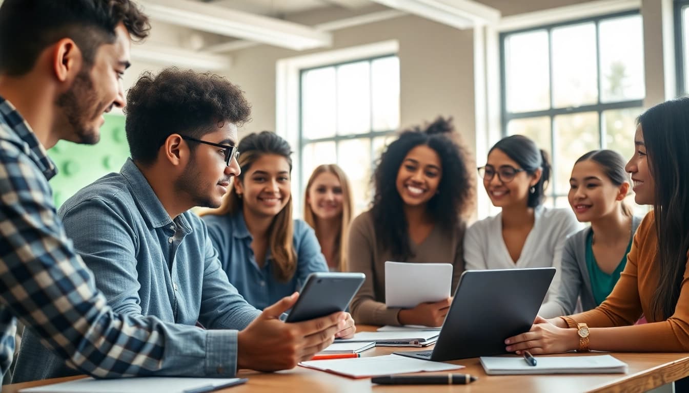 Engage with toefl expert help in a vibrant classroom where a tutor guides motivated students.