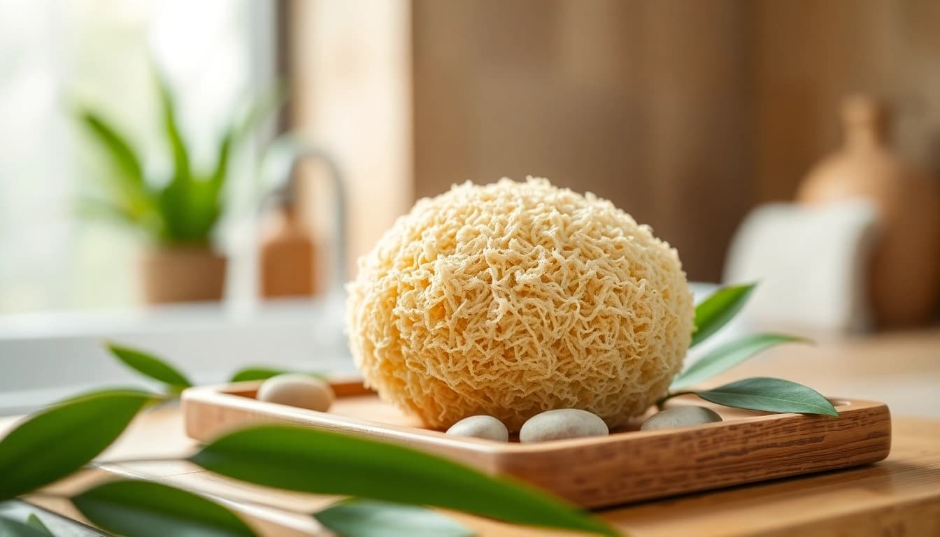 Exquisite raw loofah sponge displayed on a spa tray with pebbles and leaves for a natural aesthetic.