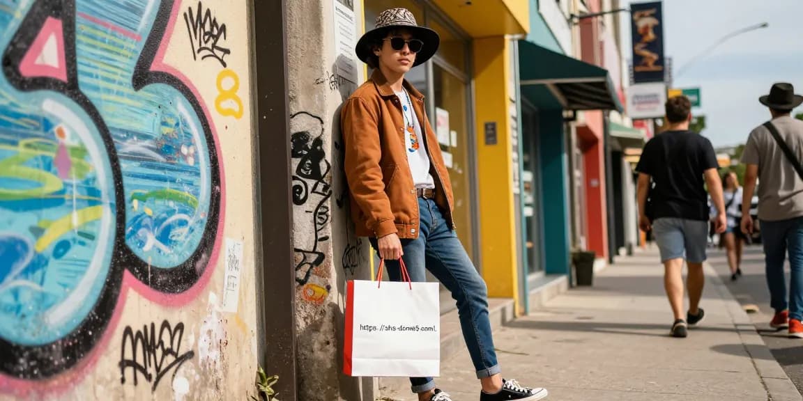 Youth in trendy urban fashion against street art while holding shopping bag from https://shs-dome5.com/.