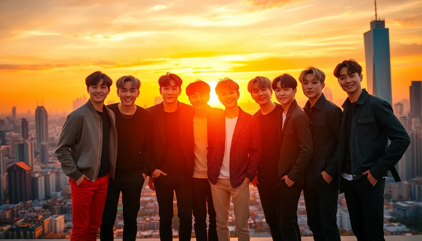 BTS members showcasing unity and energy in a vibrant cityscape at sunset.