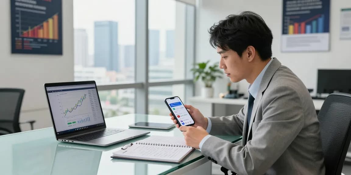 Financial advisor assessing 소액결제현금화 methods at a modern office desk.