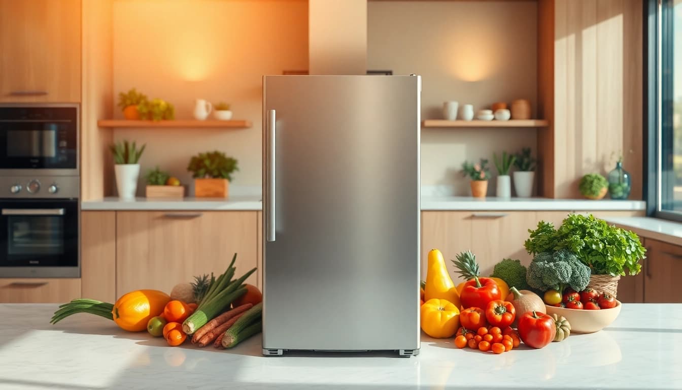 Maximize food storage with a stylish freezer filled with fresh produce for healthy living.