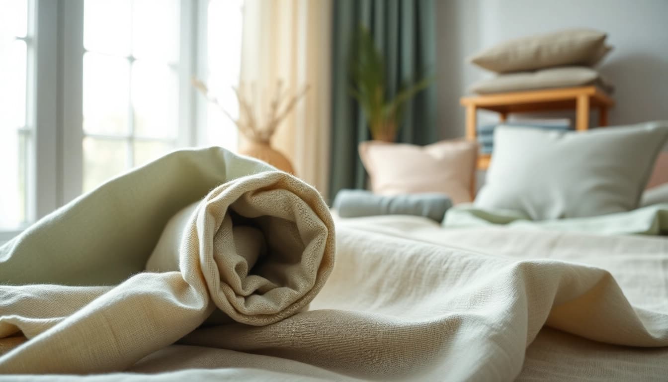 Bekijk hoogwaardige linnen stoffen met mooie texturen en kleuren in een lichte studio.