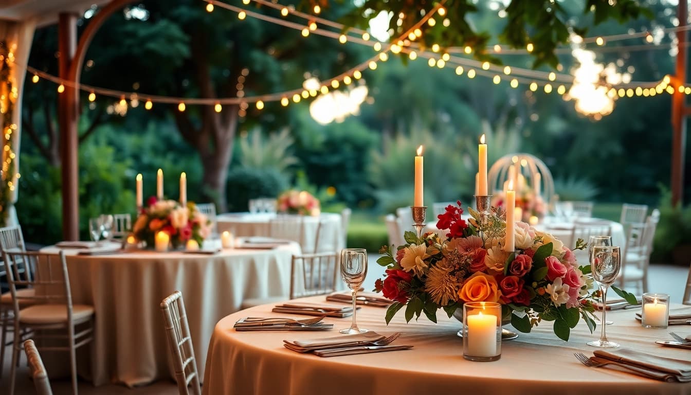 Showcase of Wedding & Event Rentals in a beautifully decorated outdoor setting with elegant tables and floral arrangements.