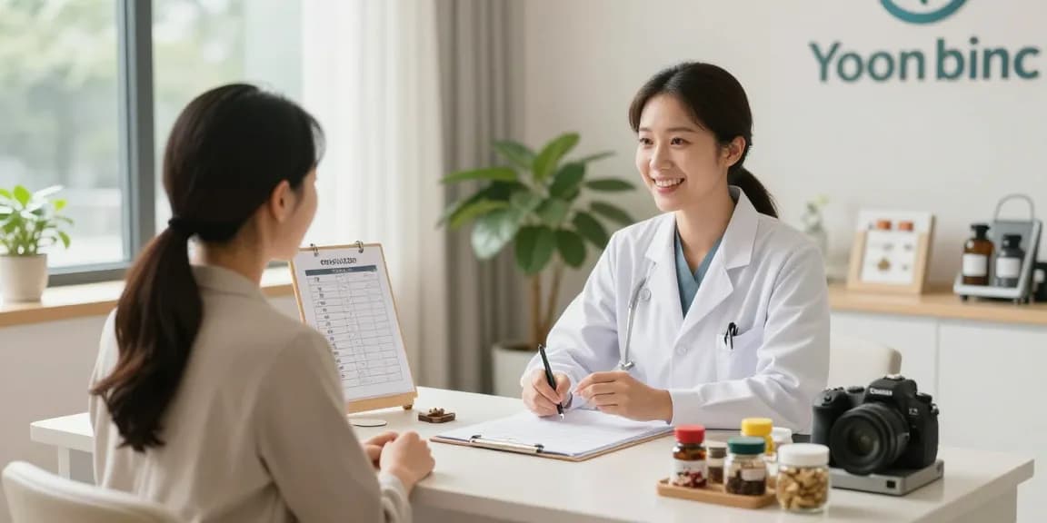 Consultation at 영통한의원 with a friendly doctor discussing traditional medicine and treatment.