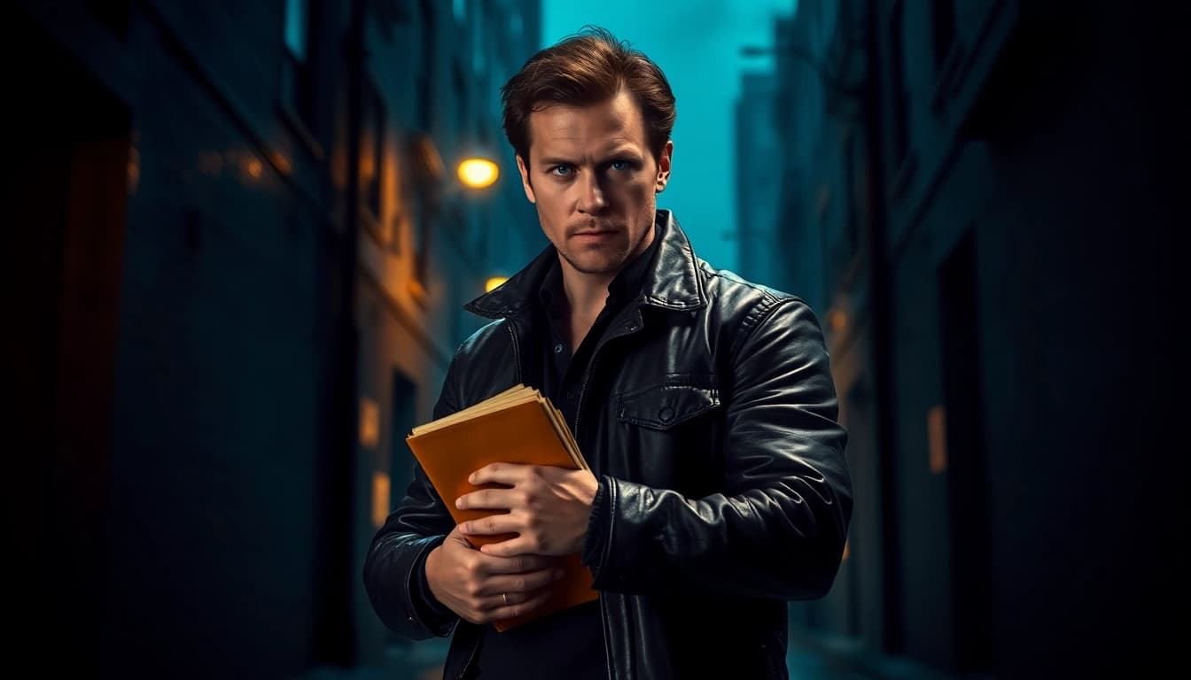 Action hero in urban setting personifying suspense akin to Like Reacher.