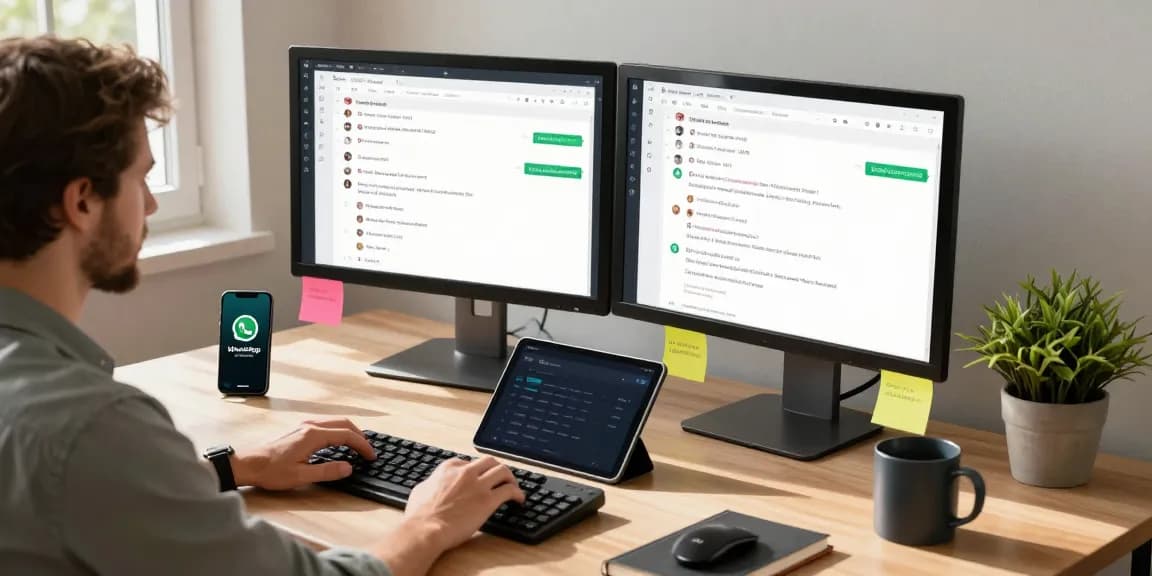 Using WhatsApp電腦版 on a desktop in a modern workspace with vibrant notifications and a productive setting.