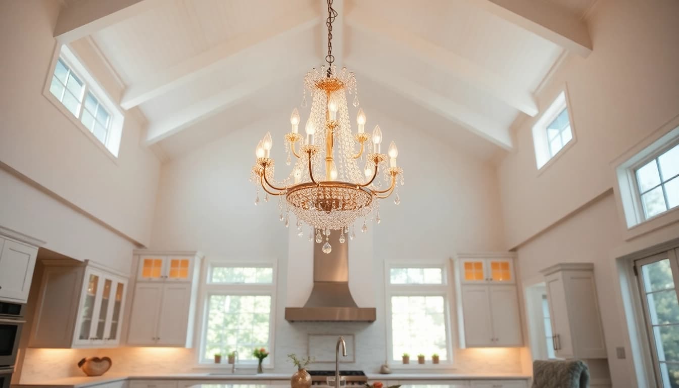 Bright and elegant island chandelier illuminating a stylish kitchen space.