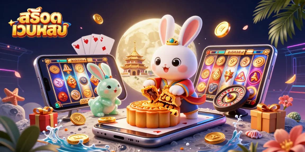 Celebrate wins with สล็อตเว็บตรง while a moon rabbit reveals poker chips and spins winning slots.