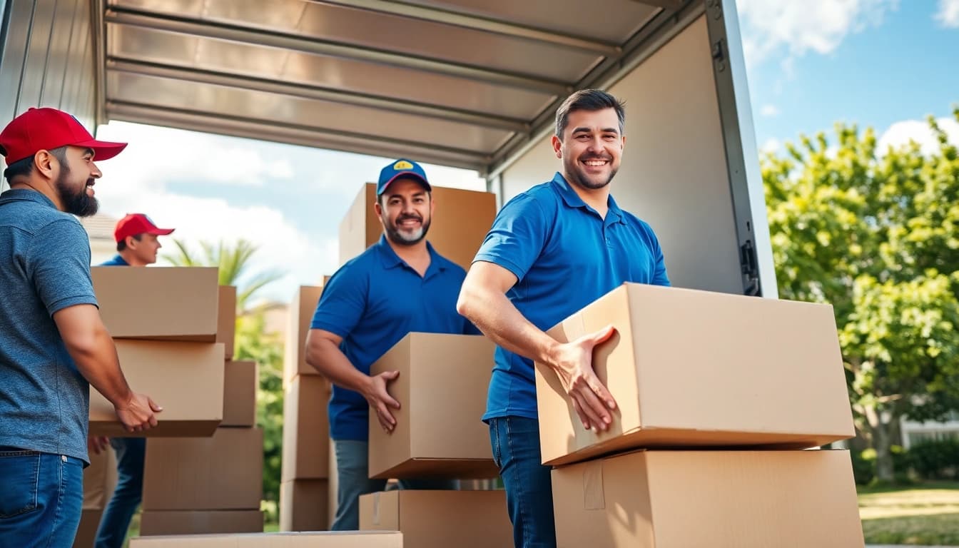 Efficient movers from moving companies edmonton packing boxes into a truck on a sunny day.