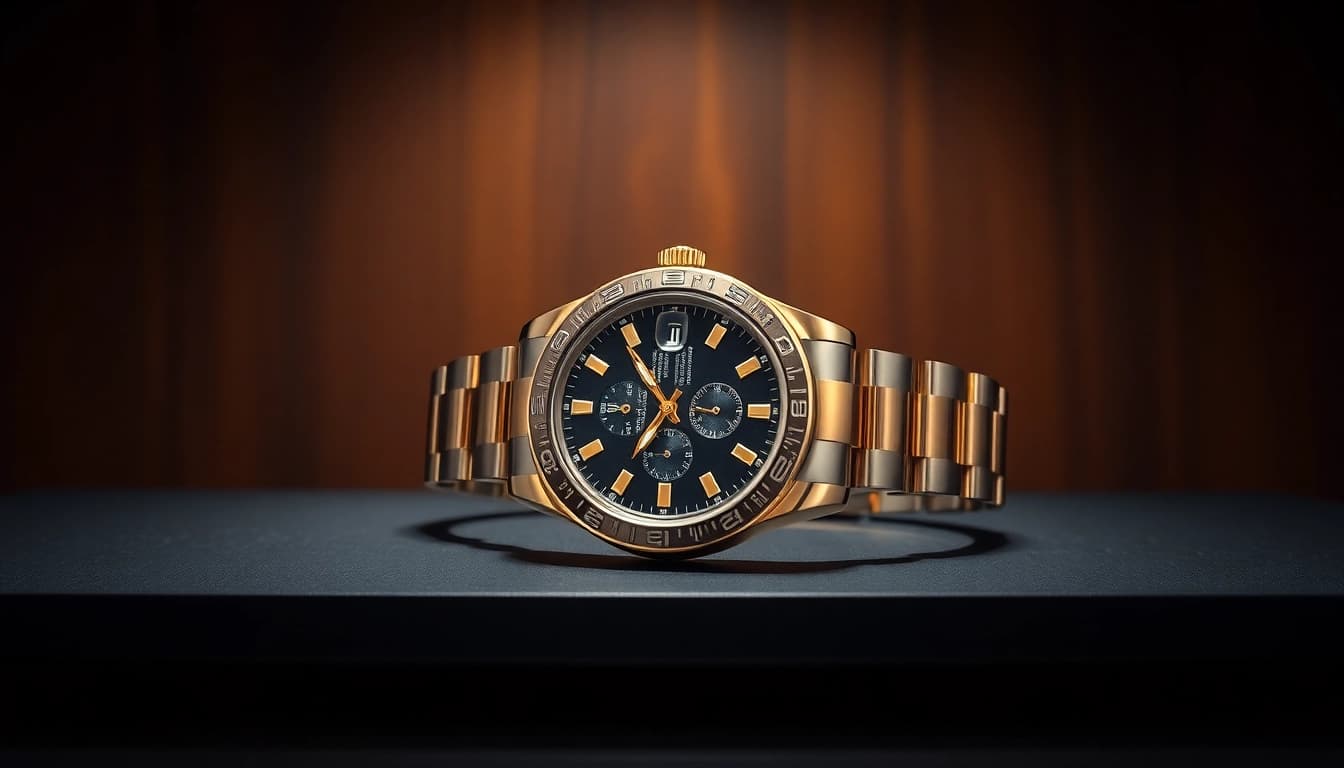 Admire a stunning rolex replica watch showcasing exquisite craftsmanship on a black surface.