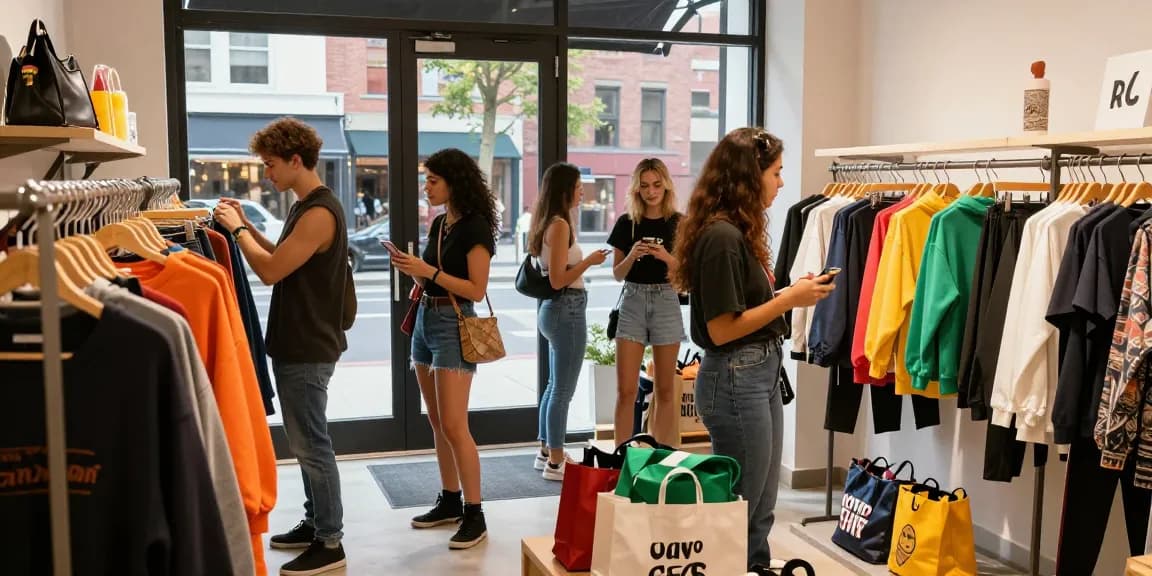 Group of friends shopping at https://shs-dome5.com/ for trendy replica apparel in an urban setting.