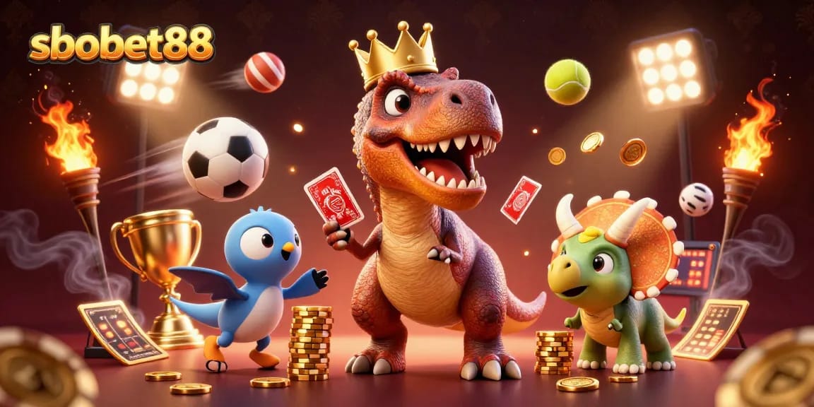 sbobet88 brings dynamic sports action with T-Rex playing cards while chips are stacked in a vibrant casino scene
