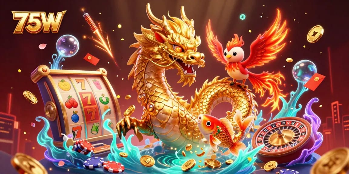 Aposte no 75W com esta ilustração vibrante de dragão, fênix e koi em um cassino cheio de prêmios.