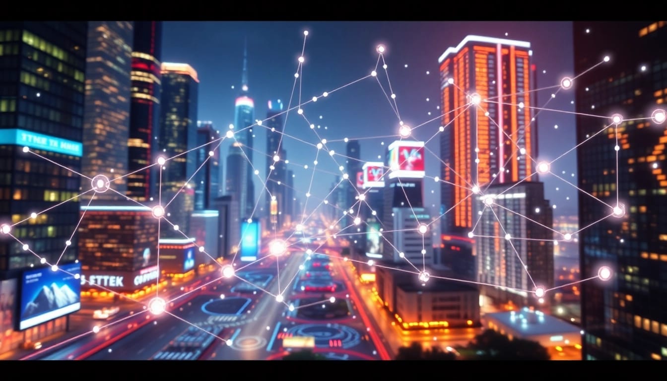 Visual representation of EORMC blockchain development showcasing interconnected technology in a futuristic city.
