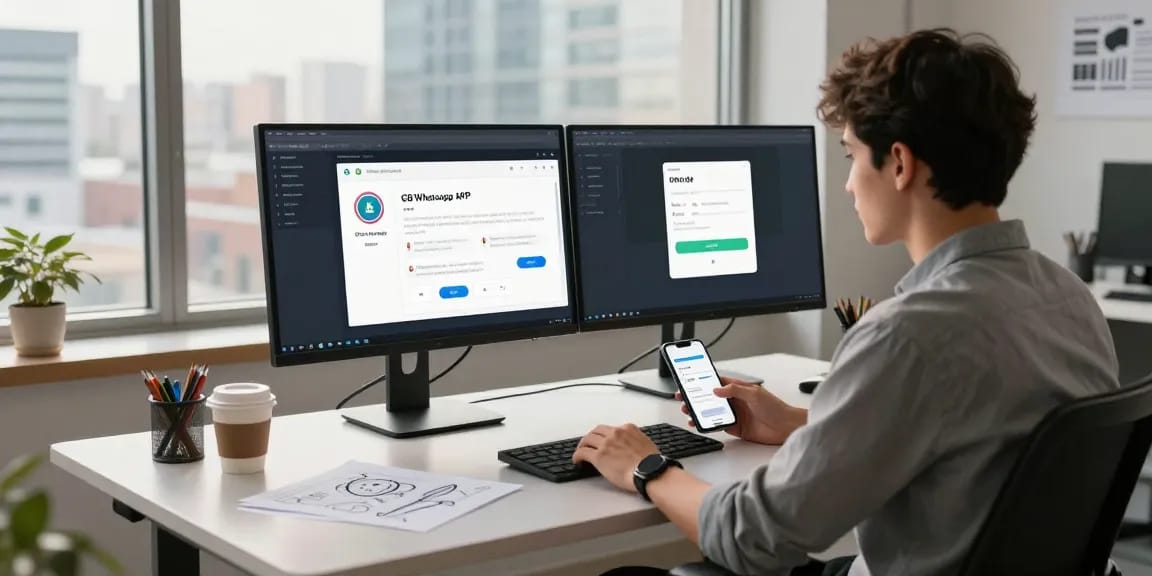 Developer coding GB WhatsApp APK on dual monitors in modern workspace.
