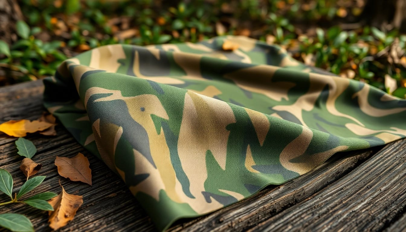 Bekijk camouflage stoffen met natuurlijke texturen op een houten tafel.