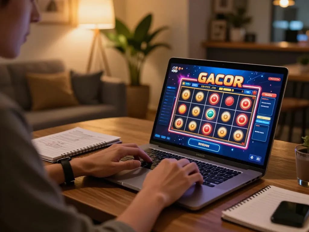 Engaging online slot gacor game setup featuring a player focused on the screen, showcasing strategic gameplay.