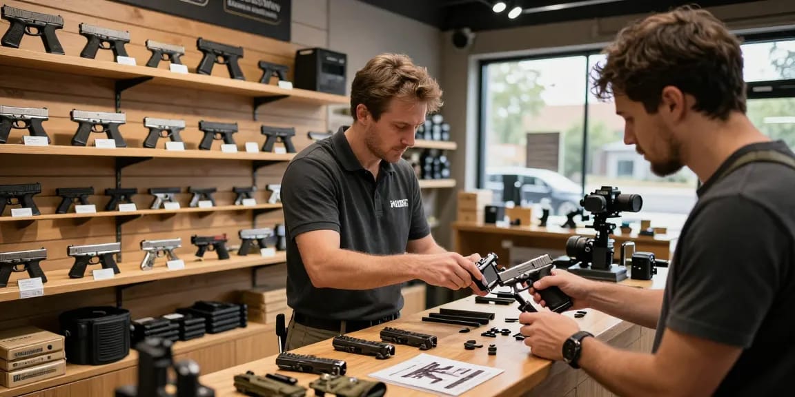 Explore high-quality Glock slides at https://precisionglockslides.com with expert guidance in a well-lit gun shop.