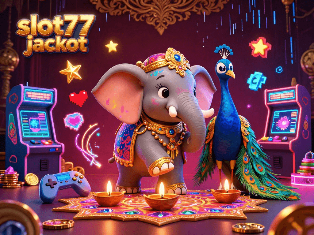 Experience the thrill of slot777 jackpot with a vibrant illustration featuring a joyful elephant and colorful casino elements.