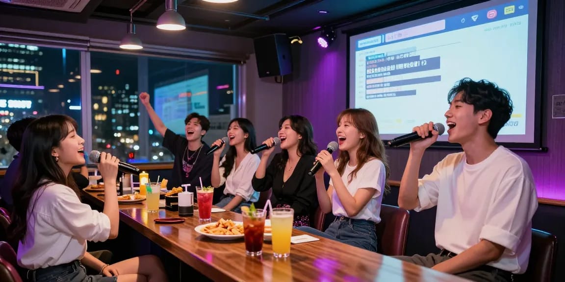 Enjoy an exciting night out at 강남 퍼펙트 가라오케, where friends sing and share laughter in a vibrant karaoke scene.