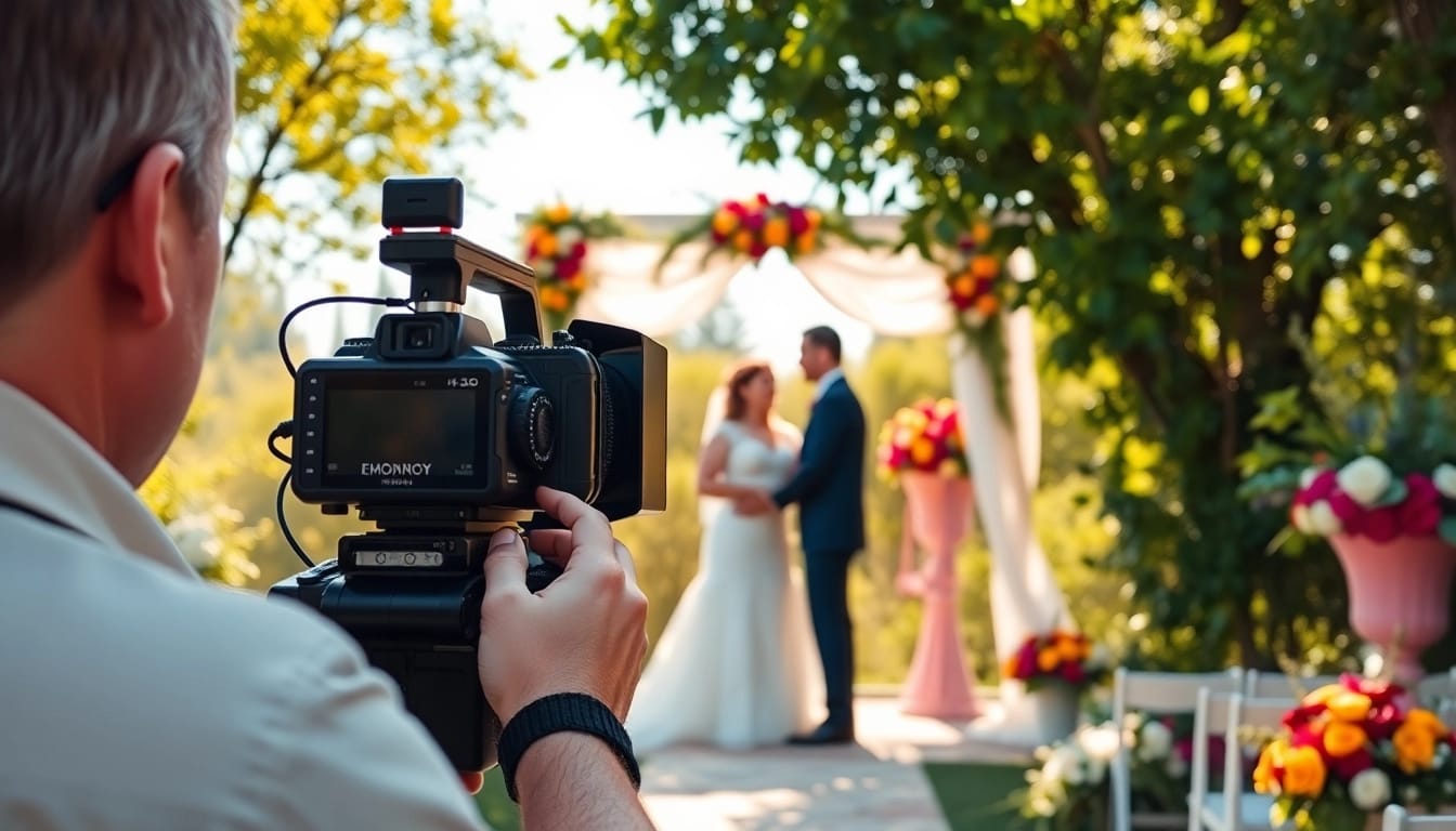 Edmonton videographer filming a wedding ceremony in a beautiful outdoor environment.