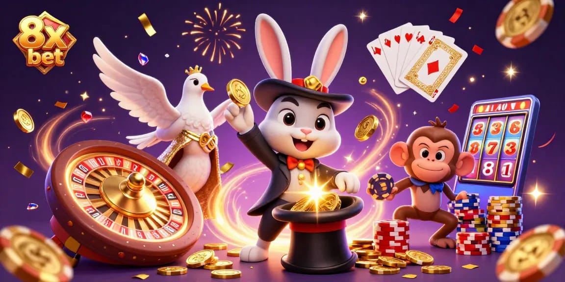Spin the roulette and win big with 8x bet at this vibrant online casino scene featuring a magician, dove, and monkey.