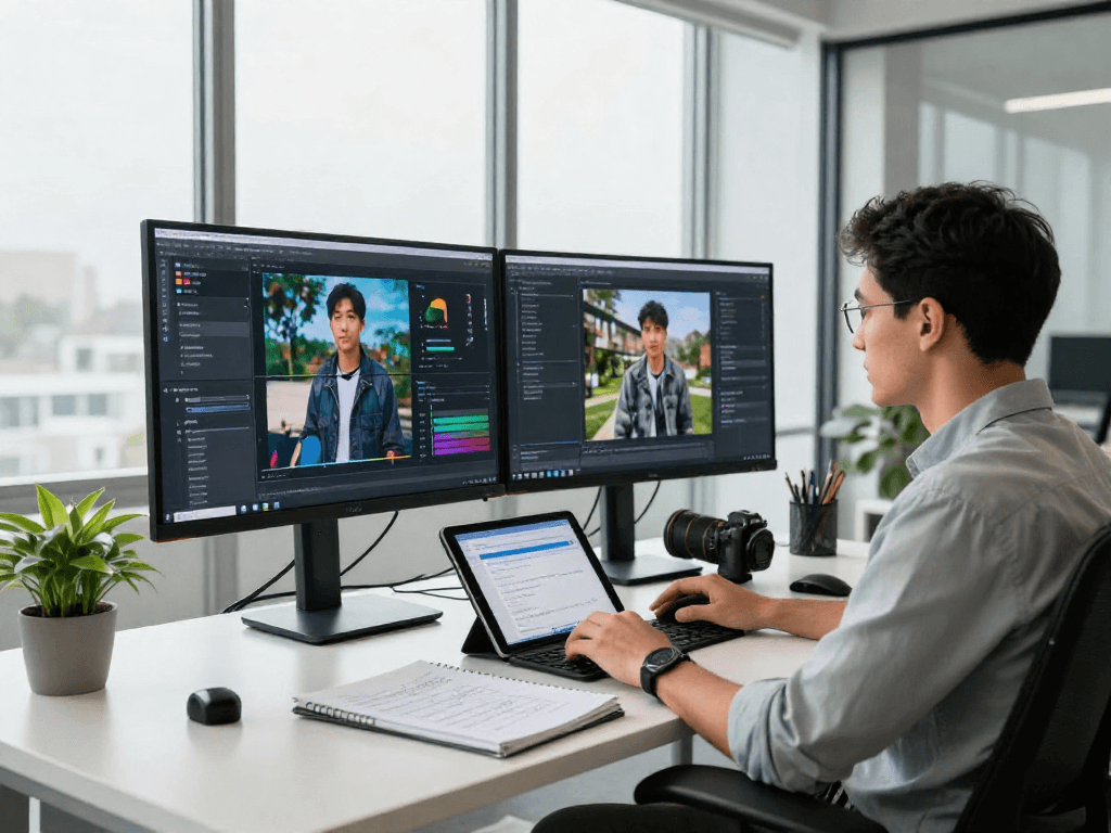 Detect AI image in a modern content moderation workspace with dual monitors and analytical tools.
